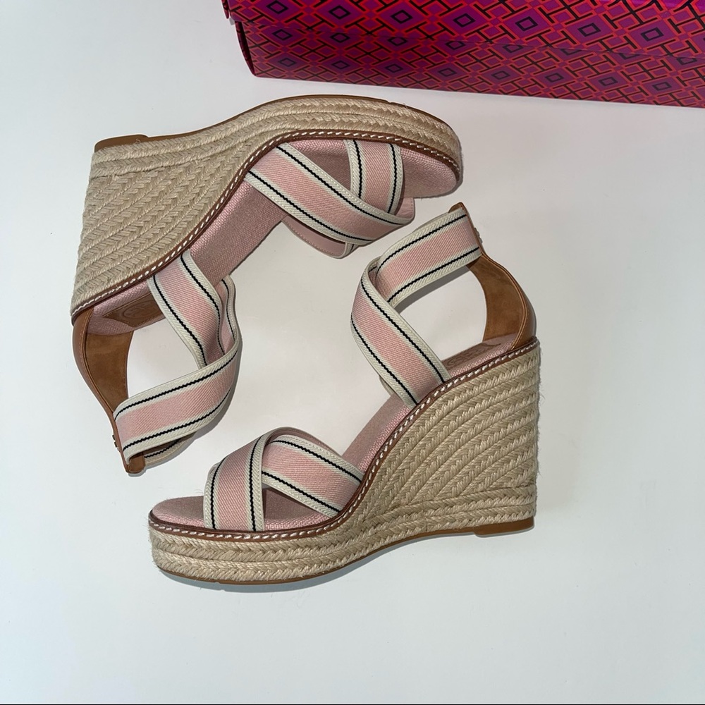 Tory Burch Frieda Espadrille -Stretch Webbing /Calf Leather &Strap Wedge Sandal - Picture 10 of 16